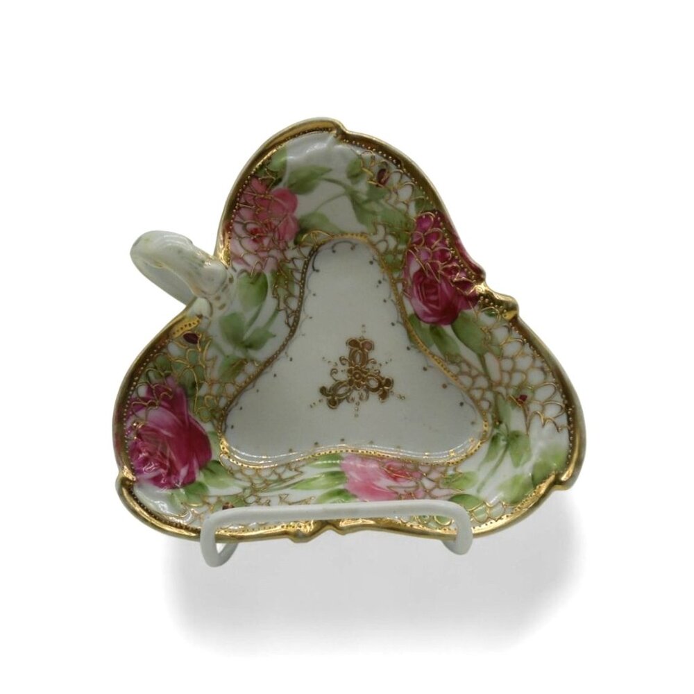 Nippon Heart Shaped Dish Rose & Gold Moriage Vintage